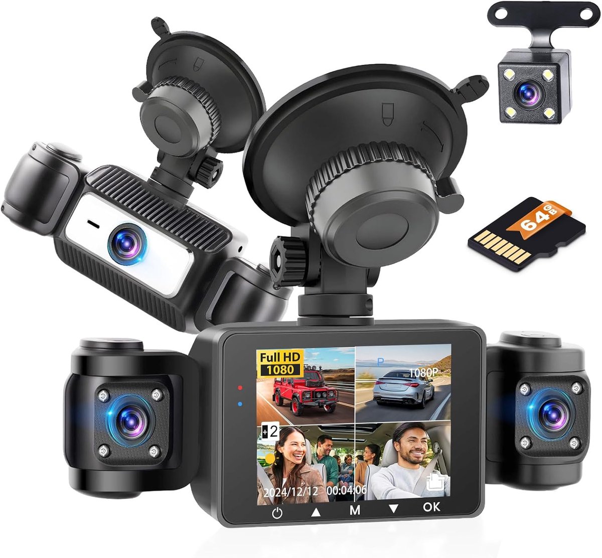 SnelShoppen - 4-kanaals Dashcam 360 Graden FHD 1080P Auto Camera met 64GB SD Kaart, Voor en Achter, Interieur, Links & Rechts, Loopopname, G-sensor, P