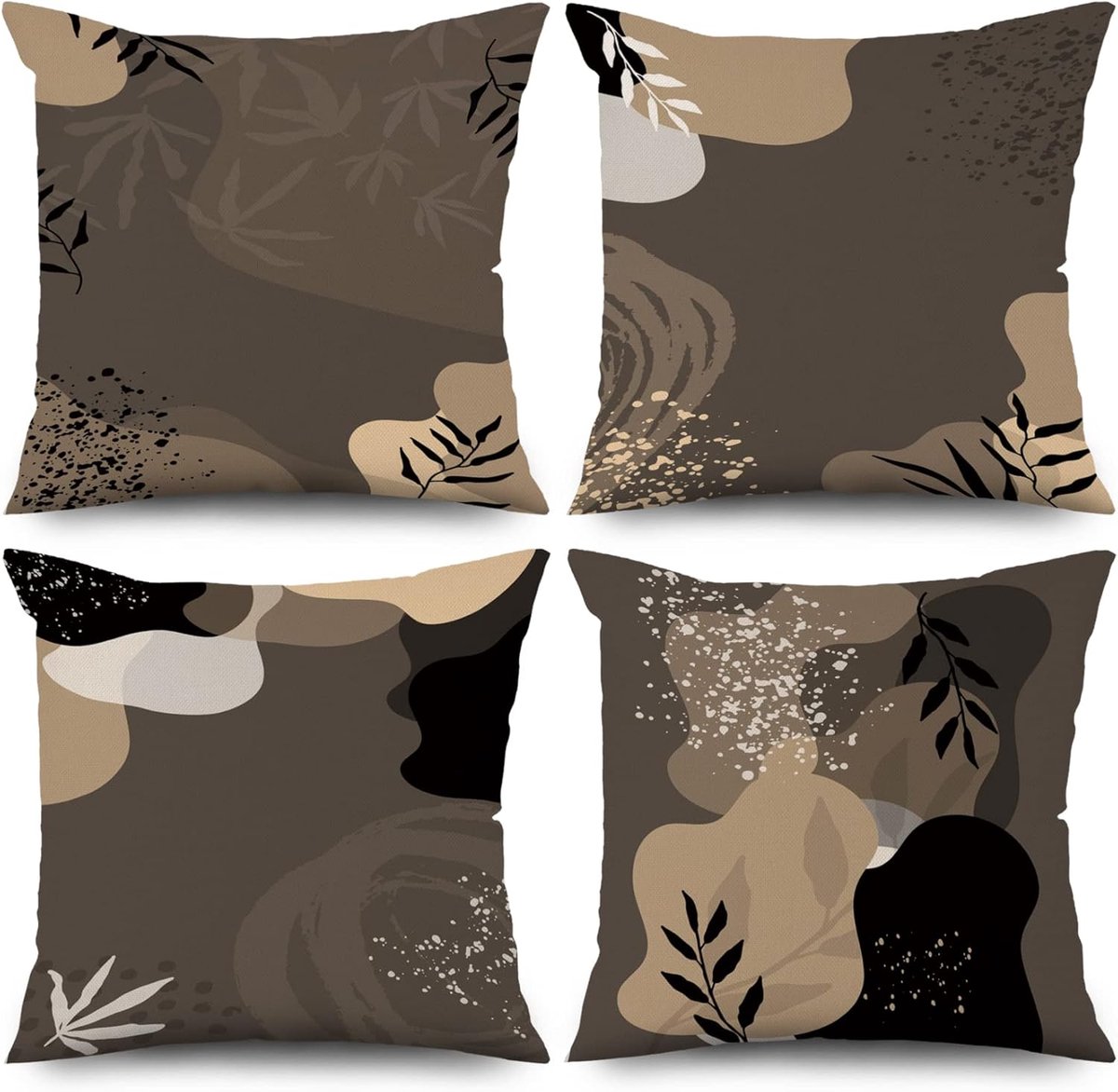 SnelShoppen - Boho Kussenhoezen Set van 4, 40x40 cm, Bruin, Moderne Abstracte Kunst, Bladeren, Wasbaar Polyester, Outdoor, Sofa Kussens, Kindvriendeli