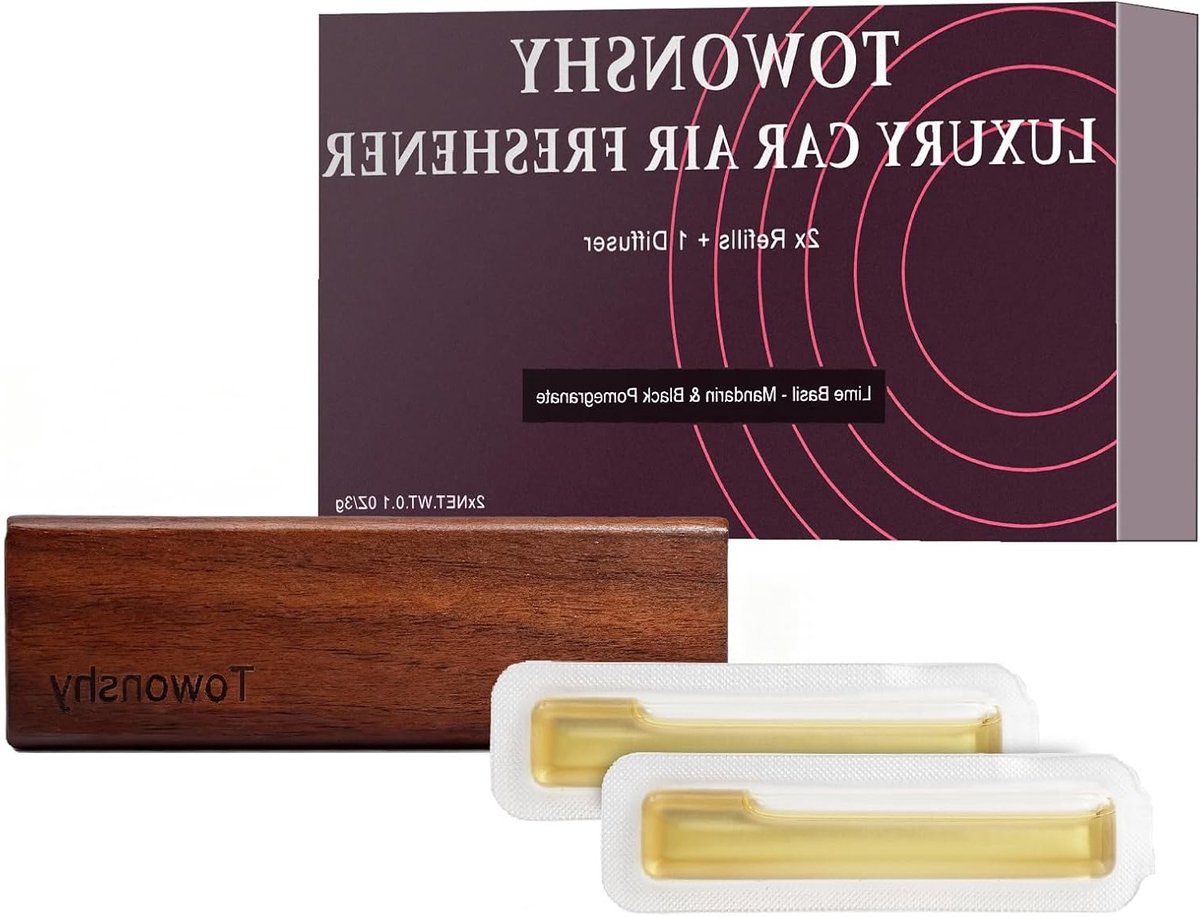 Elegante Houten Houder voor Auto Geur, Luchtverfrisser voor Auto, 2 Stuks, Lime, Basilicum, Mandarijn en Zwarte Granaatappel, Perfect voor Mannen en Vrouwen