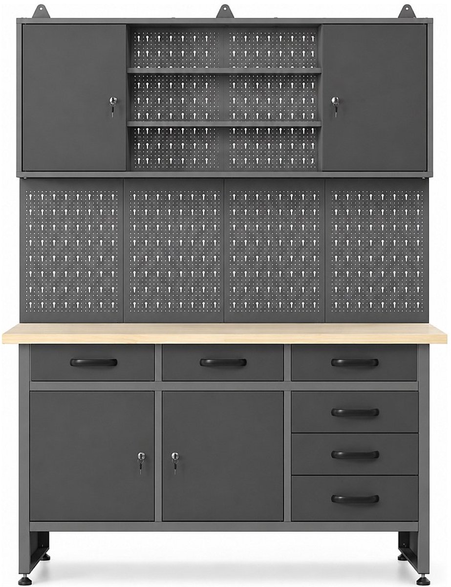 Vente-unique Werkbank met houten werkblad, geperforeerd paneel en stalen wandkast - B160 x D60 x H205 cm - Grijs BRICANO