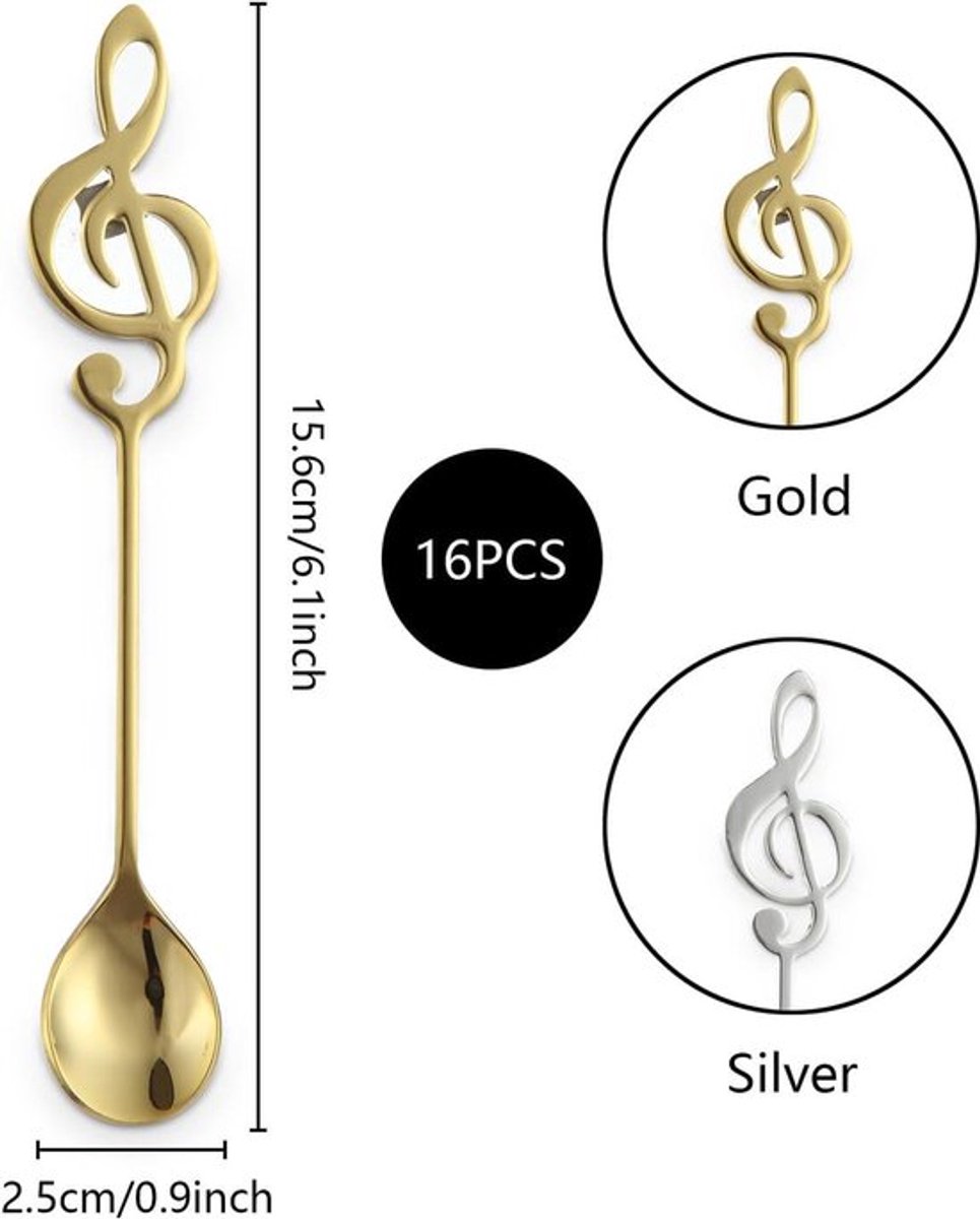 16-delige set roestvrijstalen koffielepels met muzieknoten design voor koffie, thee en dessert - decoratief cadeau voor muziekliefhebbers