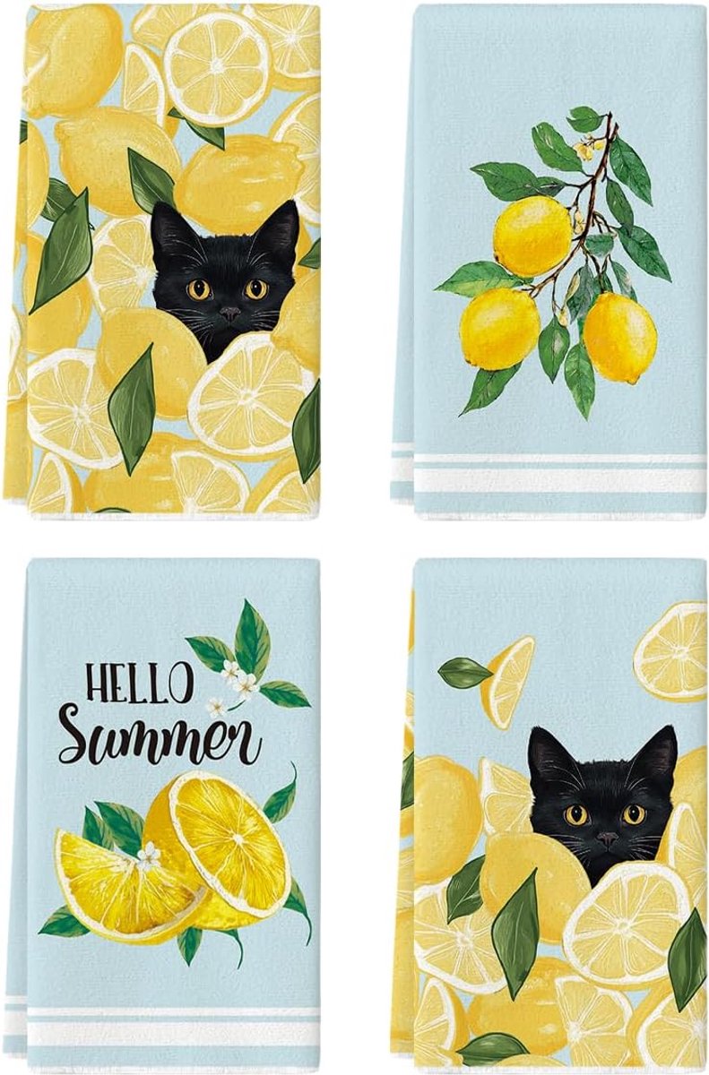 SnelShoppen - Keukenhanddoeken Set van 4 - Lemon Zwarte Kat - 42x65cm - Polyester - Absorberend - Zacht - Voor Keuken, Feest en Seizoensdecoratie