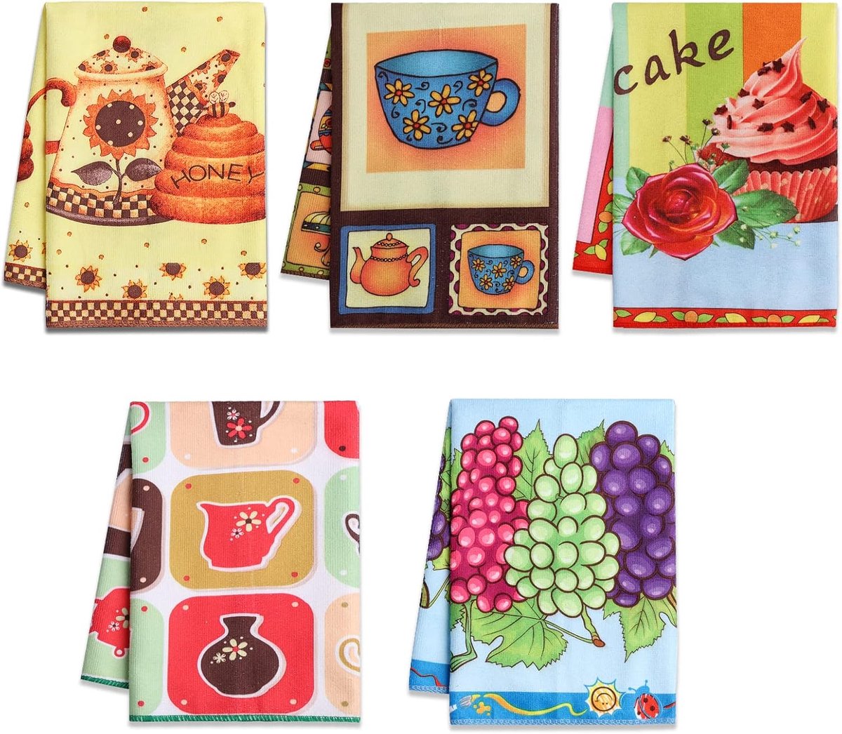 SnelShoppen - Keuken Handdoeken Set van 5 - Absorberende Theedoeken 55x40cm - Kleurrijke Ontwerpen - 100% Polyester - Perfect voor Droog en Keuken Geb
