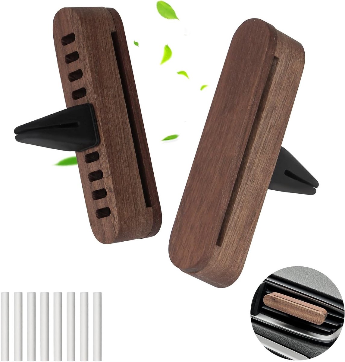 Houten Auto Diffuser Set met 8 Vervangpads, Luchtverfrisser voor Auto, Essentiële Olie Diffuser voor een Aangename Rijervaring en Frisse Interieurgeur