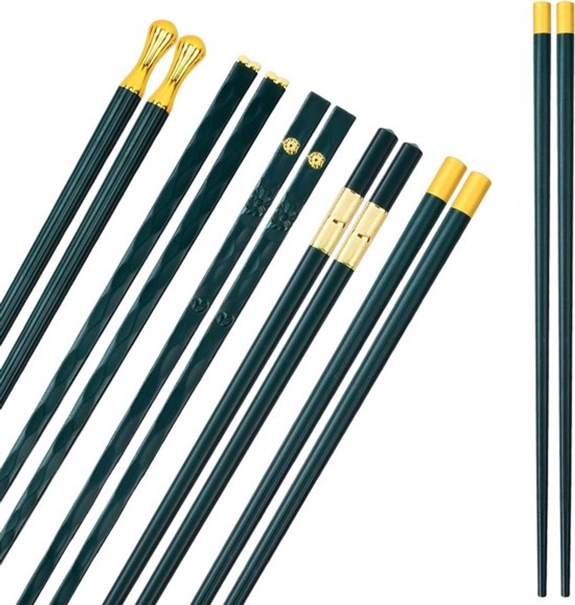 5 paar eetstokjes van glasvezel en legering in set van antislip, gepersonaliseerd design - herbruikbare eetstokjes voor sushi, ramen en Aziatische gerechten in groen.