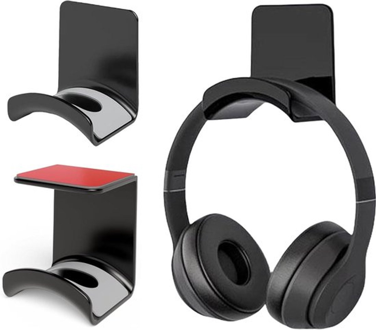 Set van 2 universele headsethouders met wandmontage en plakband, geschikt voor de meeste gaming-hoofdtelefoons - Zwart.