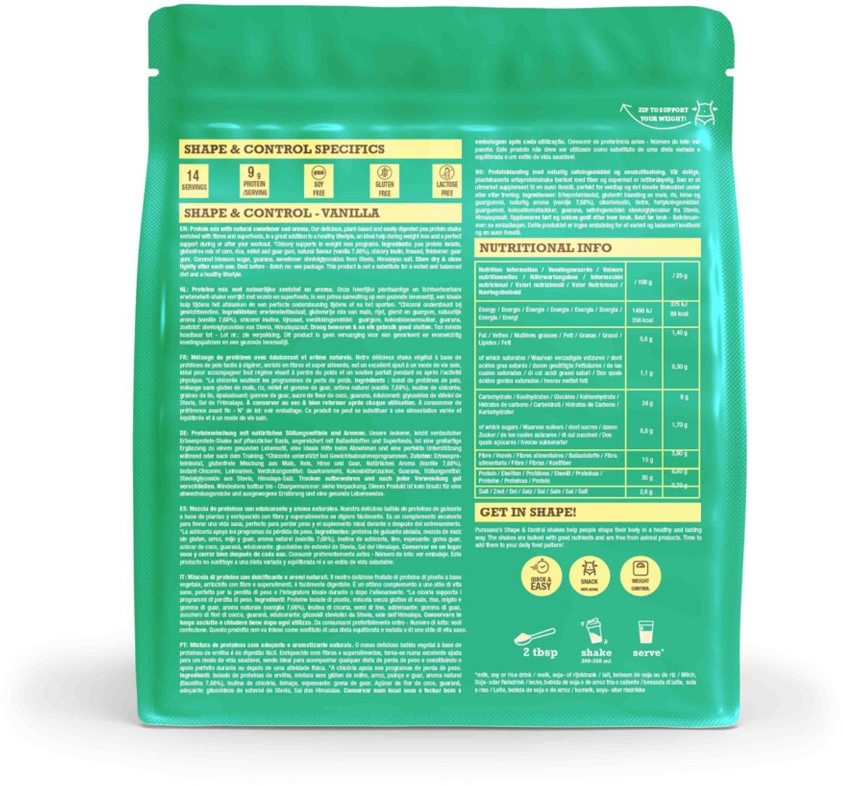 Purasana Shape & Control Vegan Protein Vanille - 2 x 350 gr - Voordeelverpakking