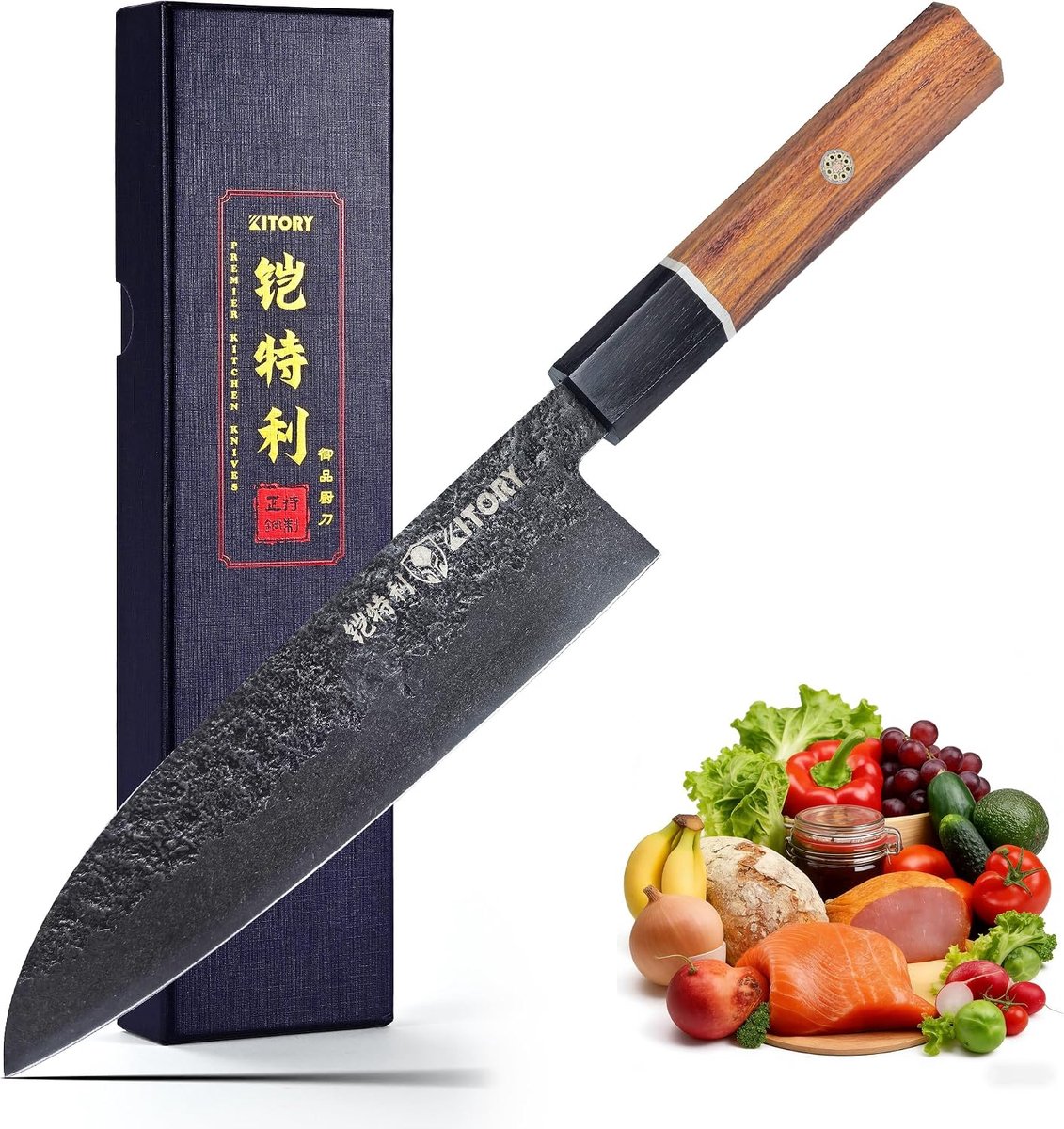 SnelShoppen - Kitory Japanse Santoku Mes 17cm, Ultra-Scherp Professioneel Keukenmes van 4Cr13MoV Staal met Zwarte Houten Handgreep en Rode Rubberen In