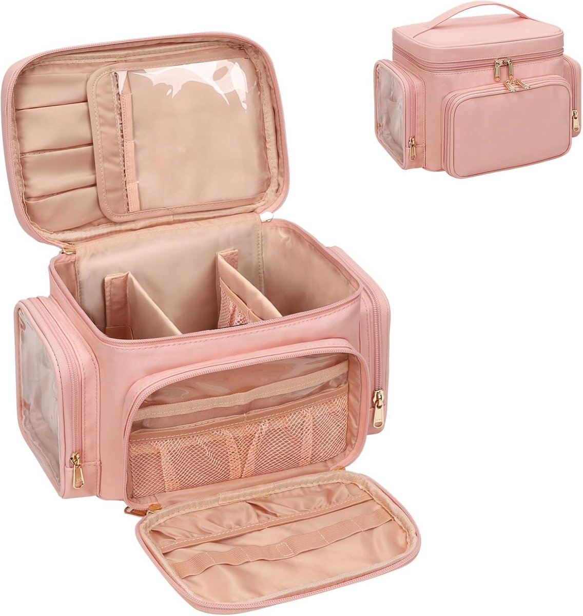 SnelShoppen - Grote Cosmeticatas Dames - Makeup Tas met Borstelcompartiment - Portabele Make-up Organizer - Roze - Perfect voor Thuis, Reizen en Feest