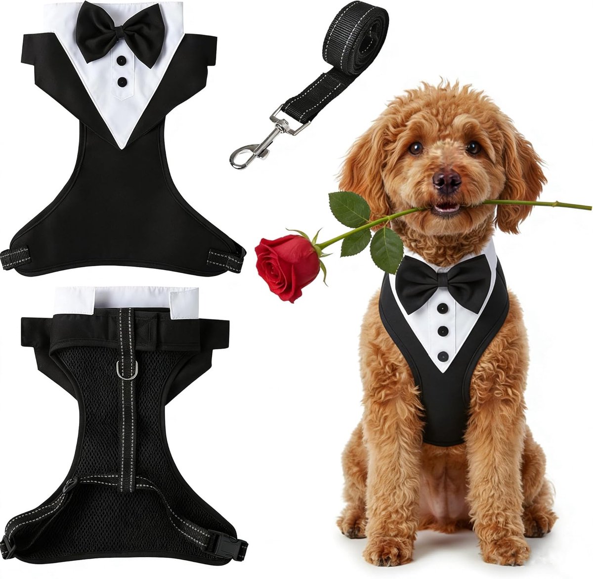 SnelShoppen - Hondenharnas en Leash Set, Tuxedo Stijl, Veilig, Eenvoudig Aanzetbaar, No Pull, Gevoerd, Verstelbaar voor Kleine en Middelgrote Honden,