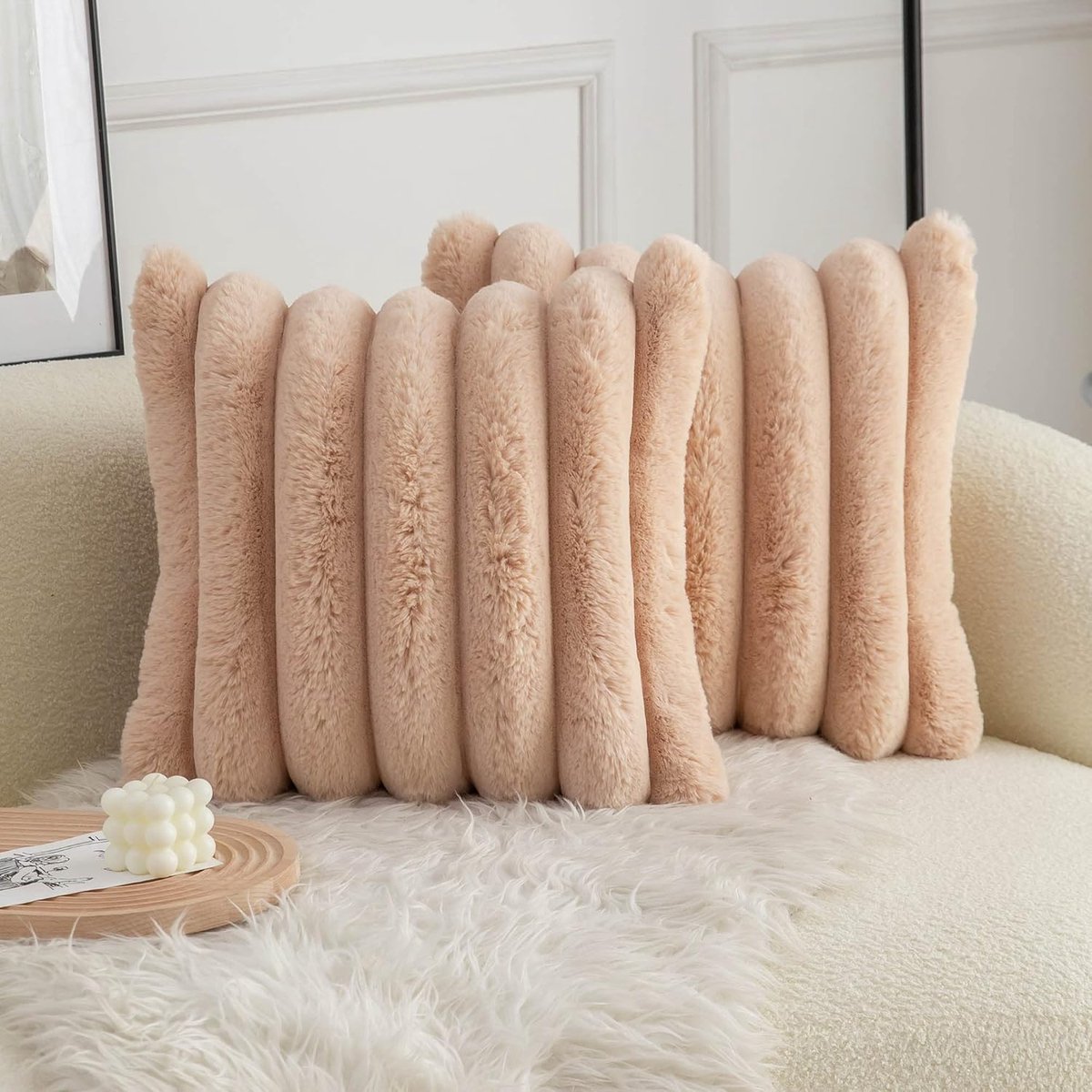 SnelShoppen - Set van 2 Plush Kussenhoezen, Faux Fur Cosy Zachte Gestreepte Decoratieve Kussenhoezen, 40x40 cm, Camel voor Sofa en Slaapkamer