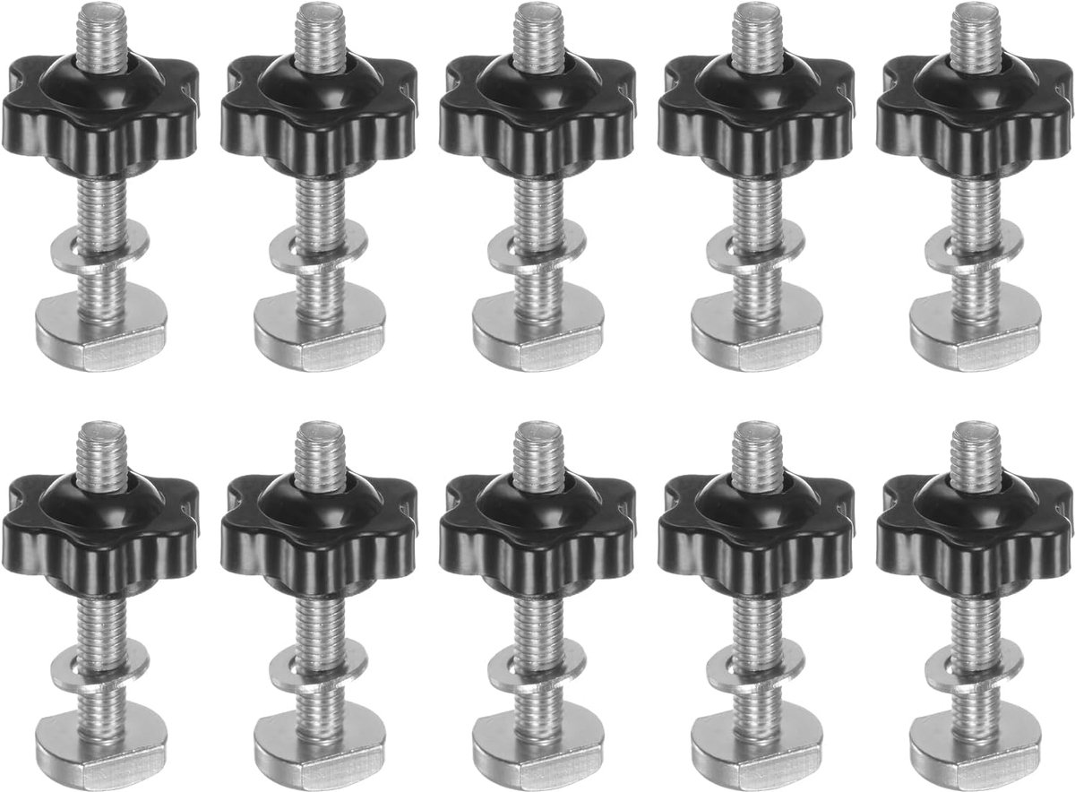 SnelShoppen - Set van 10 T-Track Bouten en Knoppen M6 x 40mm en M6 x 25mm, Zwarte Hex Handknop met Wasmachine voor Houtbewerking en Gereedschap, Ideaa