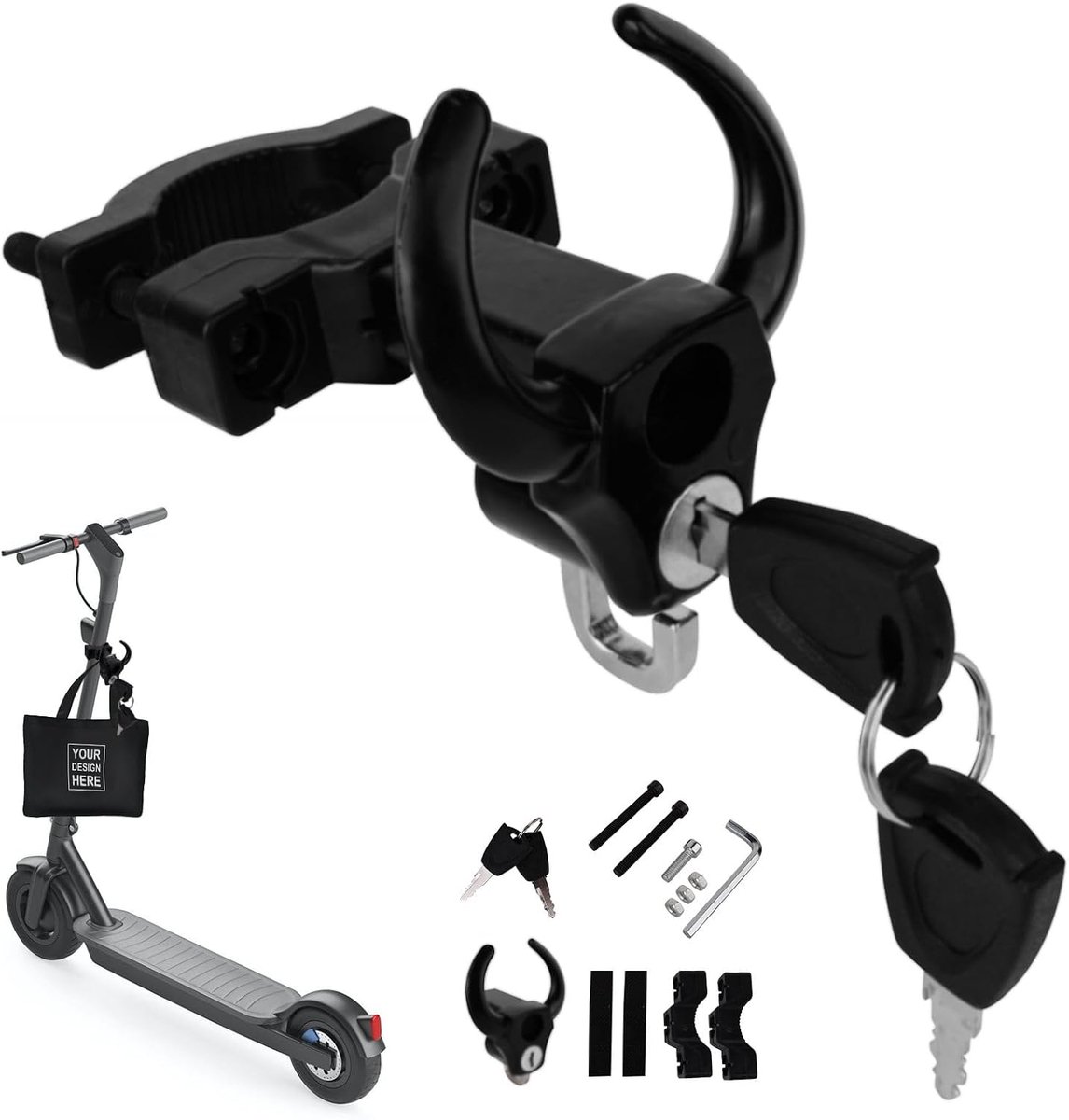 SnelShoppen - Front Hook voor Elektrische Scooter, Dubbele Haak voor Scooters, Hoogwaardige ABS Kunststof, Ideaal voor Vervoer van Spullen, Zwart