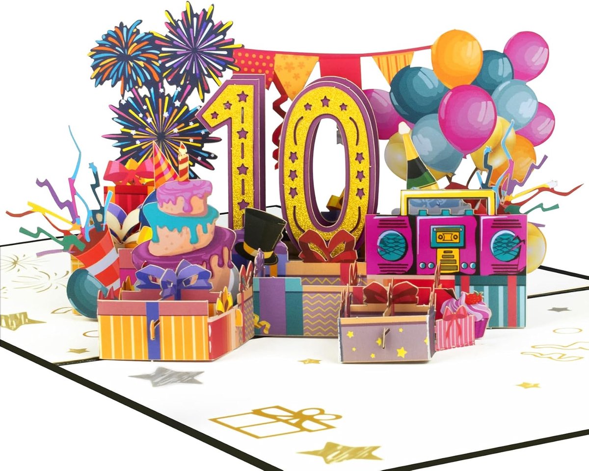 SnelShoppen - 3D Pop Up Verjaardagskaart 10 Jaar, Unieke 10e Verjaardag Kaart met Envelop, Kleurrijke Ballonnen en Taart, Gelukkige Verjaardag Kaart v