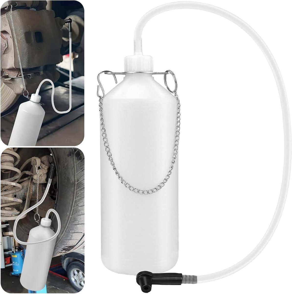 Verzamelcontainer voor remvloeistof, 1 liter tank met 60 cm slang en rubberaansluiting voor veilig afvoeren van remvloeistof
