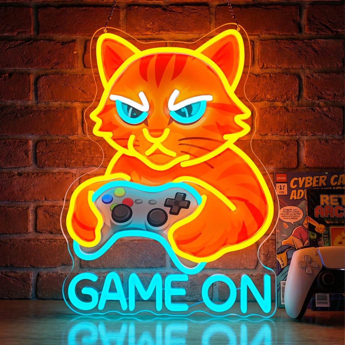 SnelShoppen - Cat Neon Sign, GAME ON Neon Licht, LED Wandlamp voor Gamers, Unieke Kat met Controller, USB Neon Verlichting voor Speelkamer, Cool Cadea