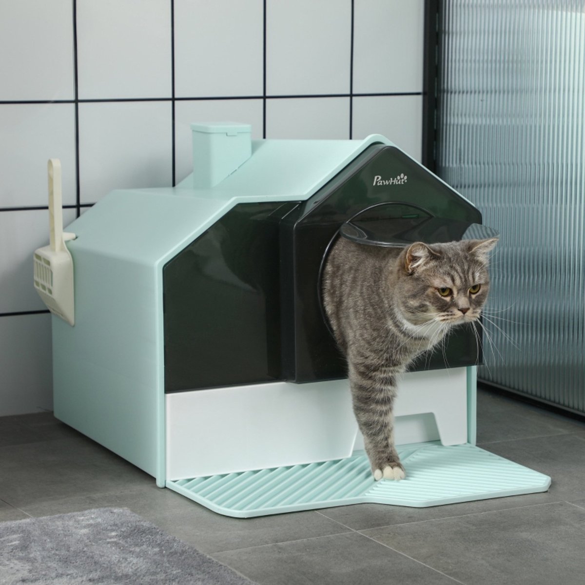 Kattenbak Met Huisjesdesign En Geurfilter – 47 X 45 X 42 Cm – Kunststof – Groen – Gesloten Kattenbak Met Zeefmat En Uitneembare Bodemlade
