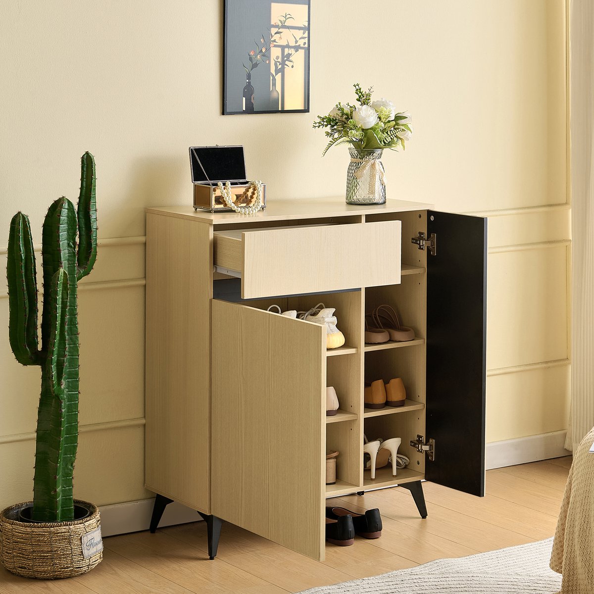 HAUSS SPOLE Schoenenkast - Met 2 Deuren En 1 Lade Met Verstelbare Planken - Voor Hal Woonkamer En Slaapkamer - MDF - 75x35x90 Cm - Licht Hout
