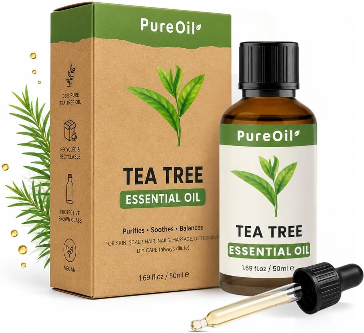 SnelShoppen - Tea Tree Essentiële Olie 50ml - 100% Puur, Natuurlijke & Vegan Olie voor Huid, Gezicht, Nagels, Hoofdhuid, Diffuser en Aromatherapie