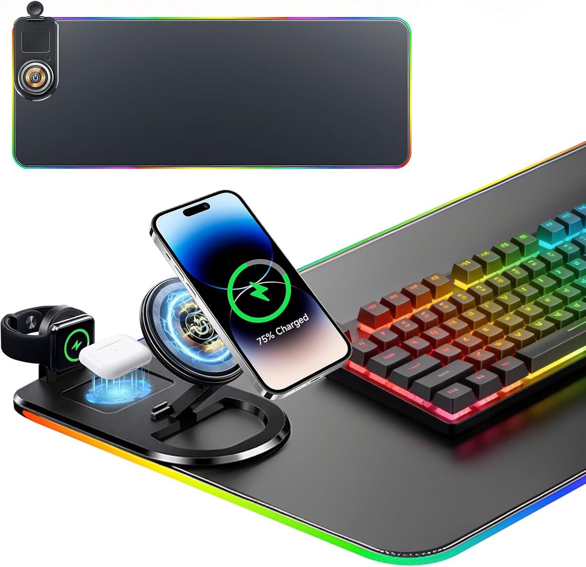 SnelShoppen - 3-in-1 XXL RGB Muismat 800 x 300 met 15 W Qi-oplaadfunctie, Gaming Muismat met Verstelbare Telefoonhouder, LED-lichtmodi, Lederen Bureau
