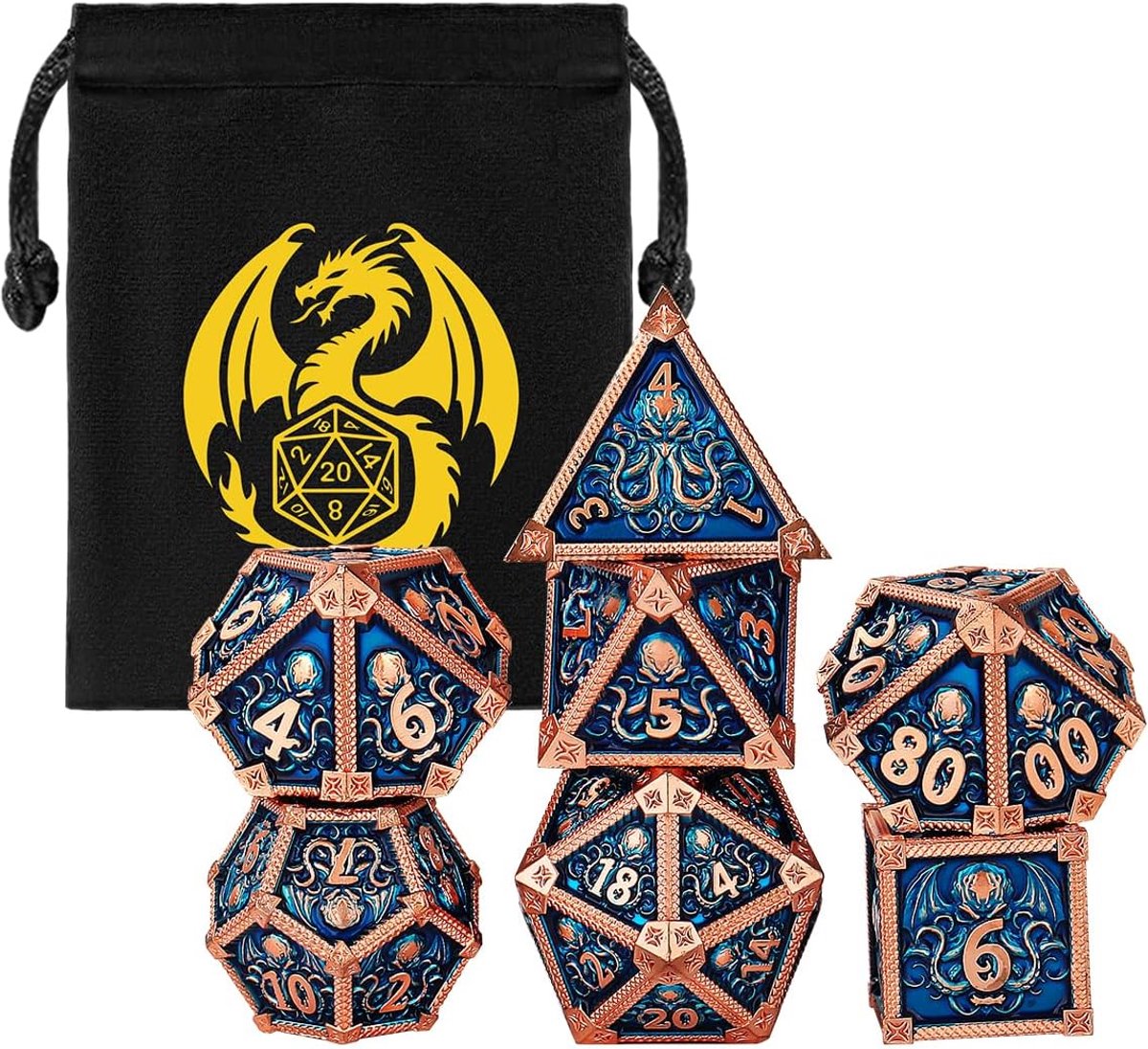 SnelShoppen - Metalen DND dobbelstenen set met octopus motief - 7-delige polyedrische D&D dobbelstenen in retro stijl - Duurzaam metaal - Blauw met ve