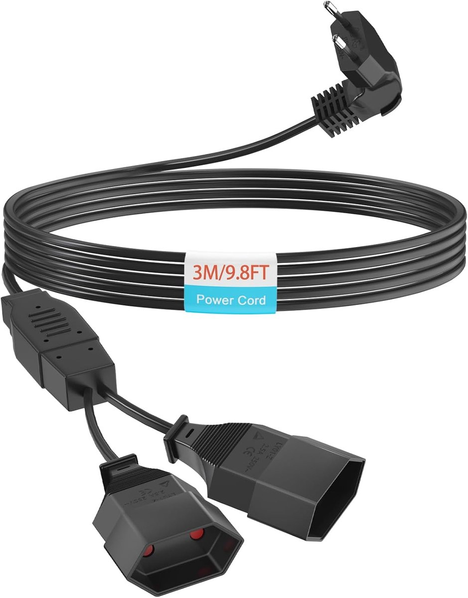 SnelShoppen - Extension Cable 2-Way Euro Plug 3m - 2-in-1 Power Cable met Triple Type C Plug - 0.75 mm², Max. 2.5 A/250 V voor TV, PC, Monitor, Projec