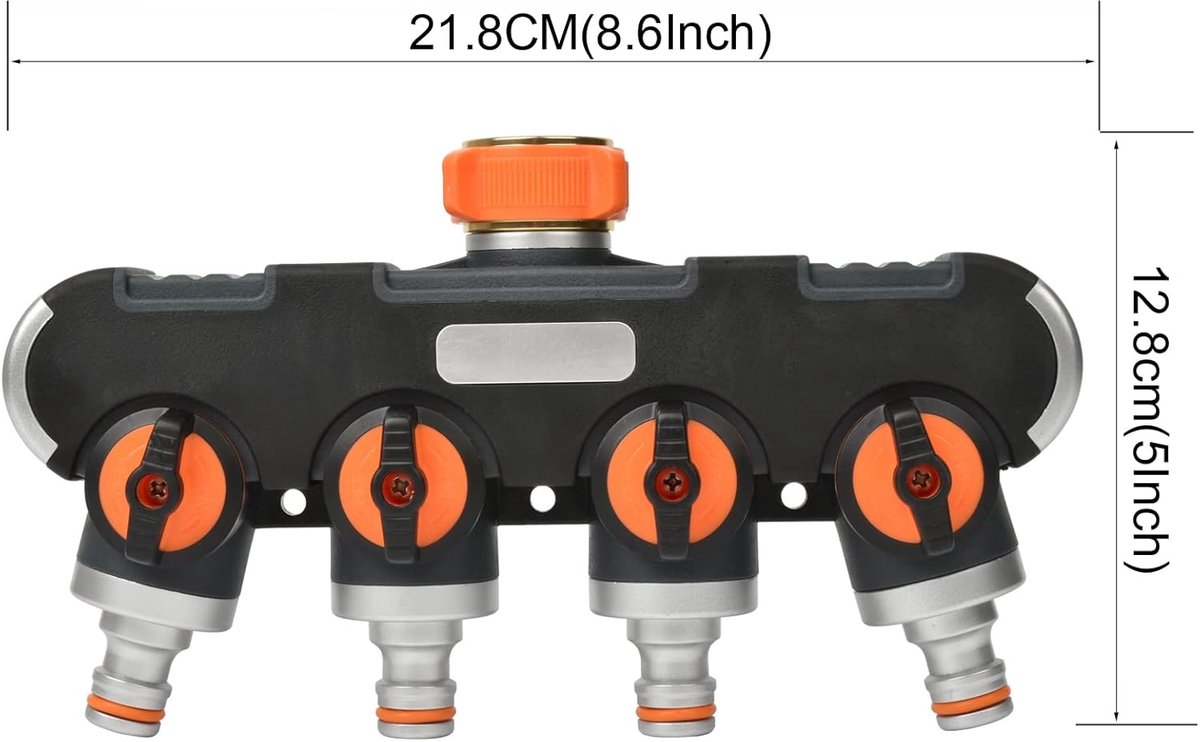 SnelShoppen - Waterverdeler 4-Weg voor Tuin en Keuken - 3/4 Inch & 1/2 Inch Tap, Verstelbare en Vergrendelbare Waterafvoer voor Irrigatie en Schoonmaa