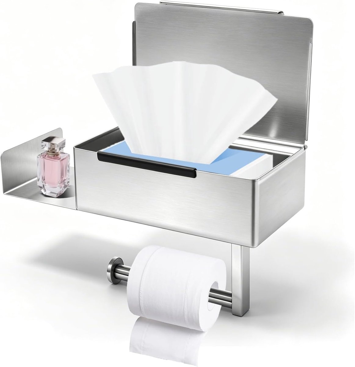 SnelShoppen - Toiletpapierhouder zonder boren, roestvrij staal, met vochtige doekjesbox, toiletrolhouder met legplank, zilverkleurig, voor badkamer en