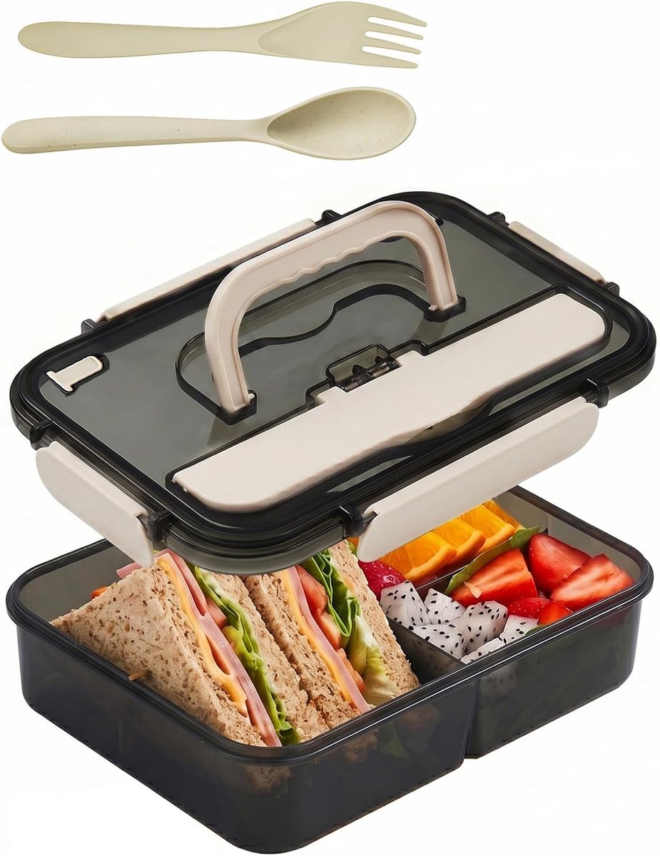 Thijox - Bento Box Lunchbox Volwassenen 1500ml - Lekvrij Broodtrommel Met 3 Vakken - Bestek Inclusief - Magnetronbestendig - Vaatwasmachinebestendig V