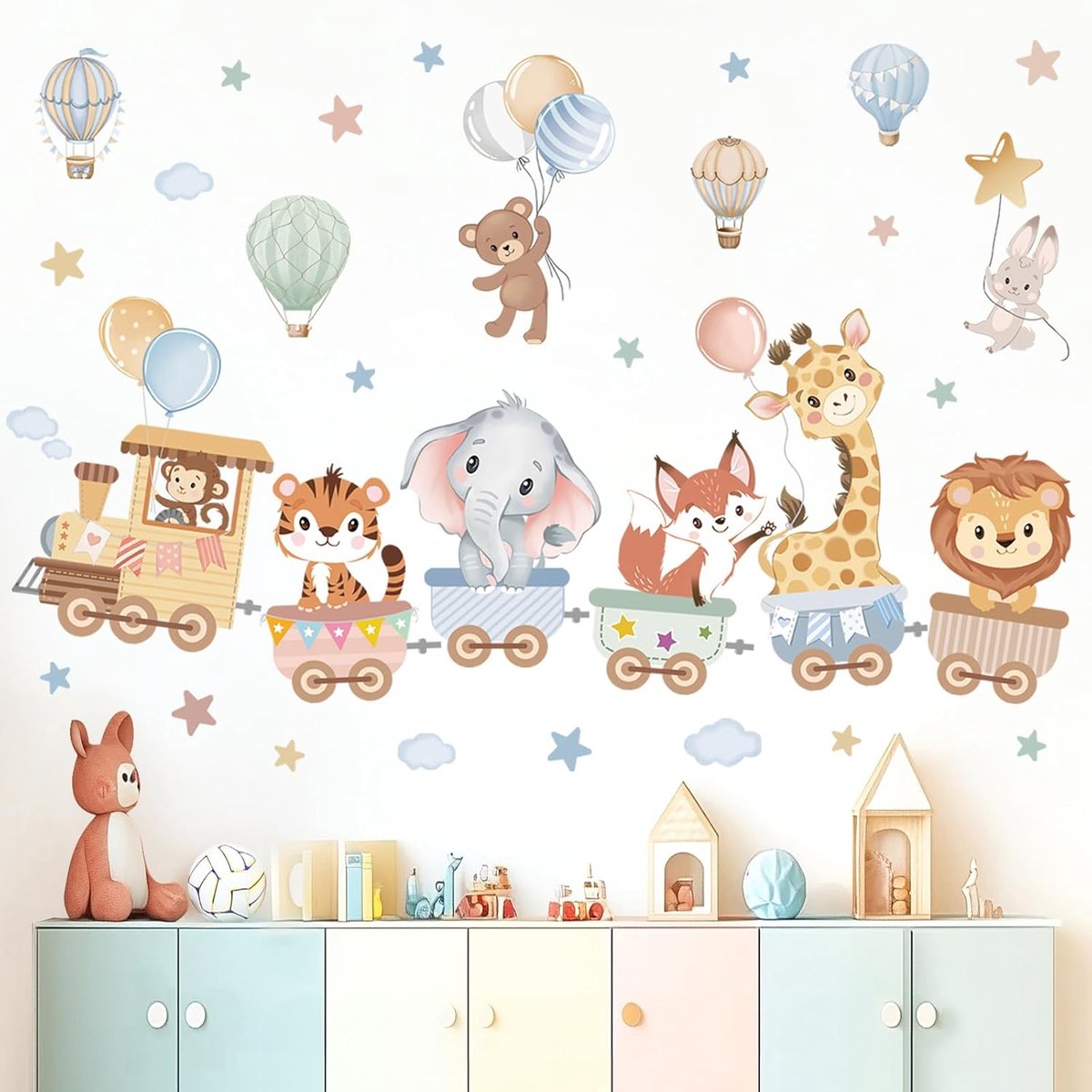 SnelShoppen - Wondever Jungle Dieren Wandstickers voor Kinderen - Luchtballon Olifant en Giraffe - Peel & Stick Muurdecoratie voor Baby- en Peuterkame
