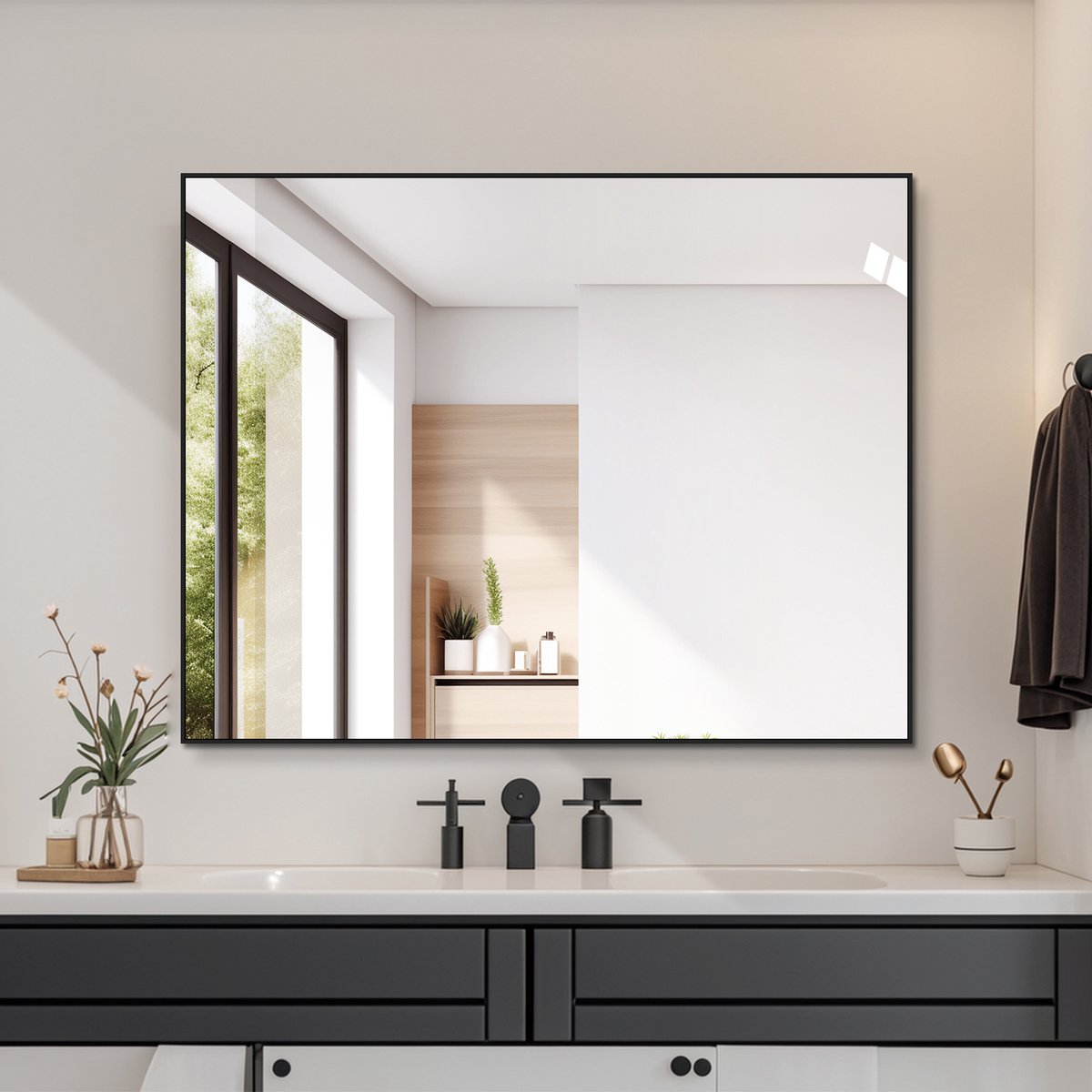 MIVRAY Badkamerspiegel – 70x90 cm – Horizontaal En Verticaal Monteerbaar – Glas Met Aluminium Frame – Zwart – Wandspiegel Met Veiligheidsfolie