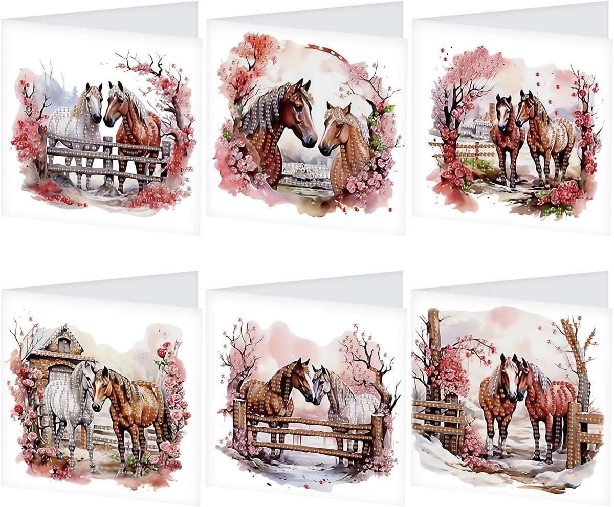 Thijox - Diamond Painting Wenskaarten Set van 6 Paarden en Kersenbloesem, Unieke Verjaardags- en Bedankkaarten met Enveloppen, Creatieve Feestdagkaart