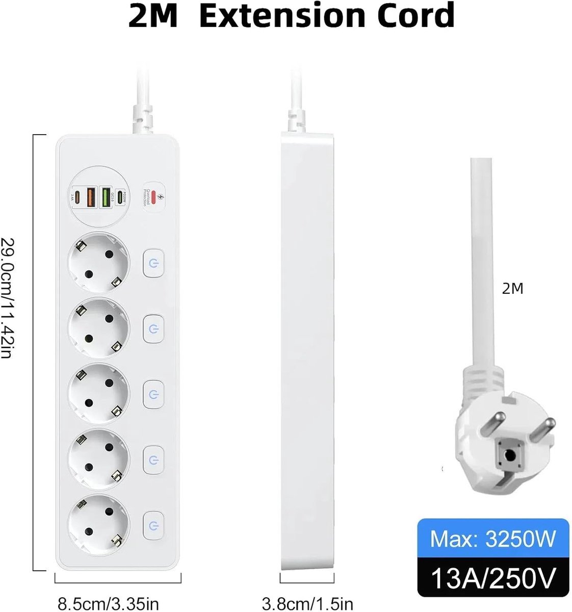 SnelShoppen - Powerstrip met 4 USB en 5 Stopcontacten, Ruimtebesparend, Onafhankelijke Schakelaars, PD20W en QC3.0 Snelladen, Verlengsnoer met Overspa