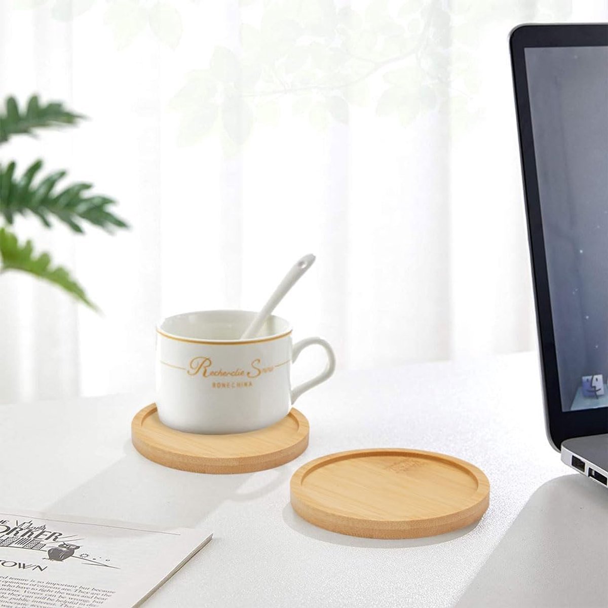 SnelShoppen - Set van 4 Bamboe Mozaïek Onderzetters Rond 9,5cm | Ideaal voor Dranken, Kaarsen, Planten | Duurzaam en Makkelijk Schoon te Maken