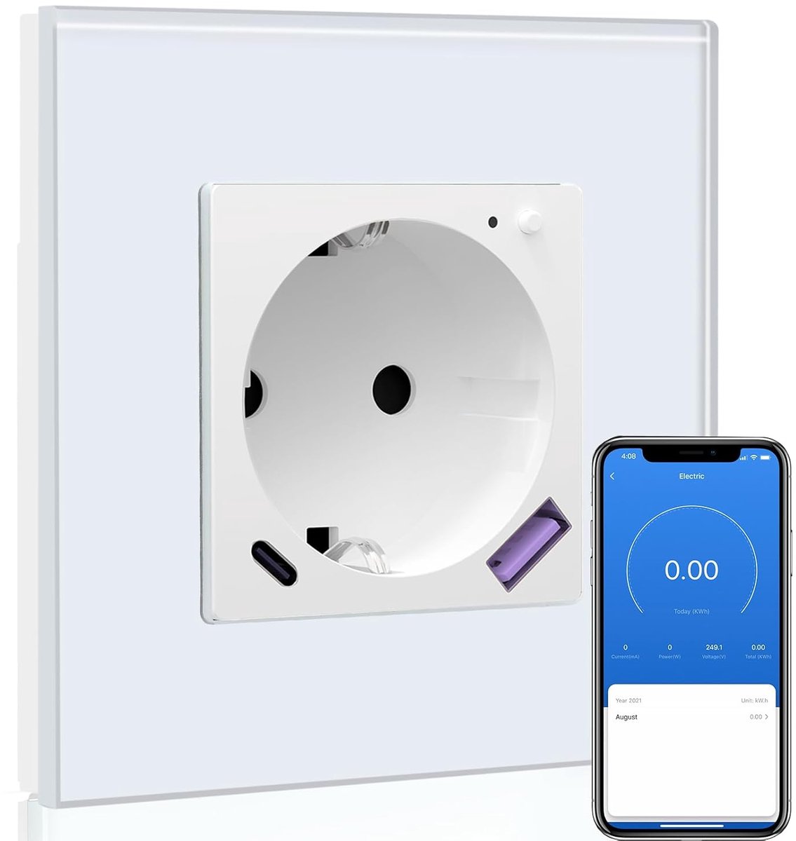 SnelShoppen - Wifi Schuko Power Socket met 20W USB-C Snellader, Slimme Wandcontactdoos voor Alexa/Google Home, Elektriciteitsmeter, Wit 86mm