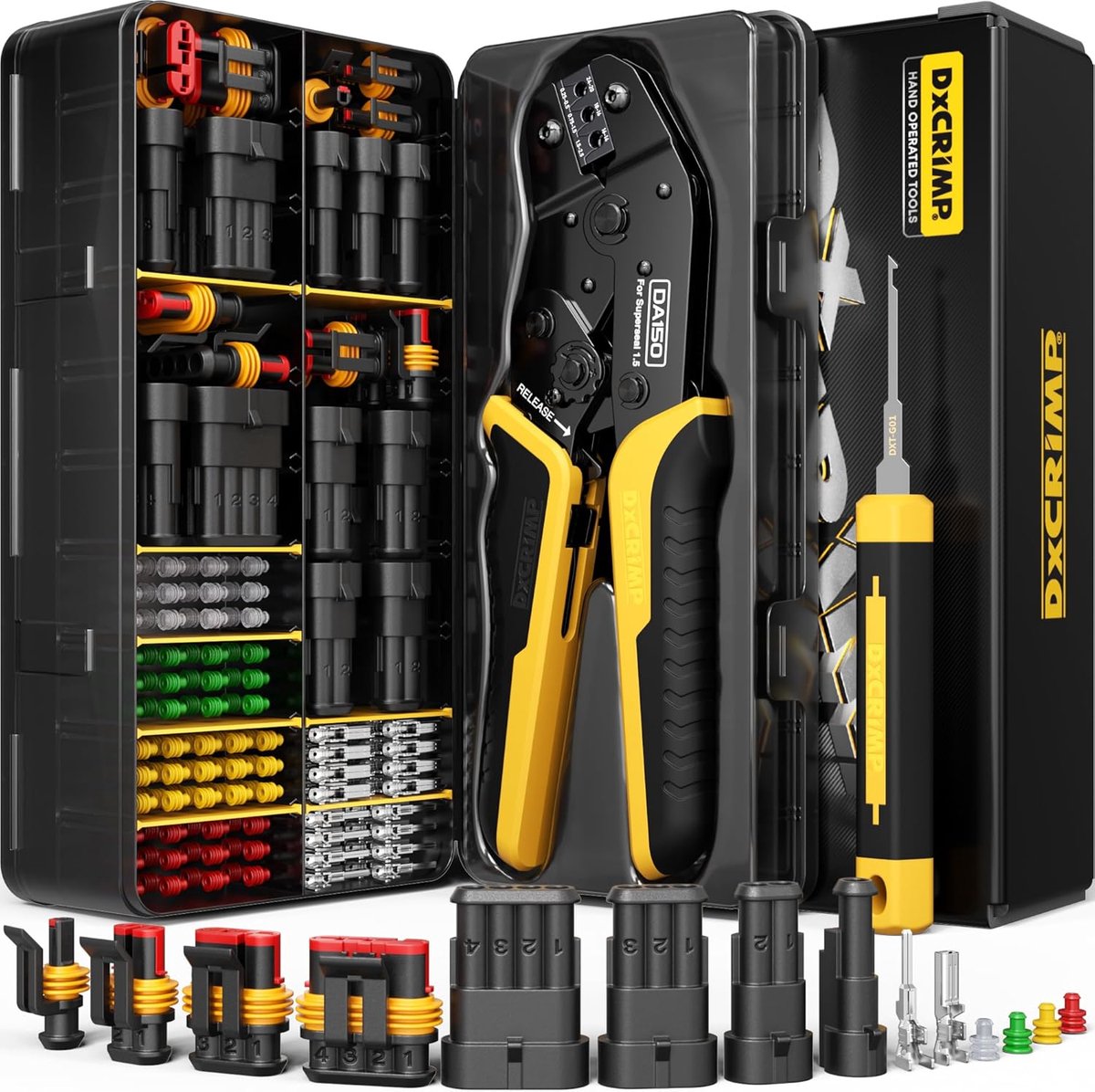 SnelShoppen - Krimptang Set voor Waterdichte Auto Connectoren 1.5mm, 1-4 Pin 0.25-2.5mm² | 24-14 AWG, Compleet met Ontgrendelingsgereedschap voor Auto