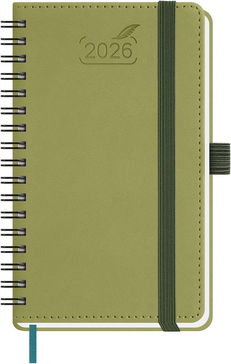 SnelShoppen - Pocket Kalender 2026 Ringband A6 15.5 x 9 cm | Weekplanner 1 Week 2 Pagina's | 80 g/m² Papier | PU Leren Softcover - Mint Groen
