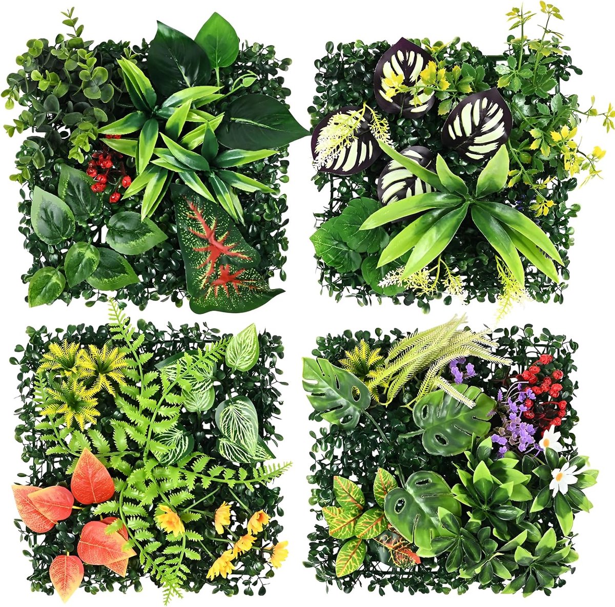 SnelShoppen - 4 Stuks Kunstgras Verticale Tuin 25x25 cm - Decoratieve Muurbeplanting voor Balkon, Tuin en Buitenmuren - Groene Texturen voor Zonwering