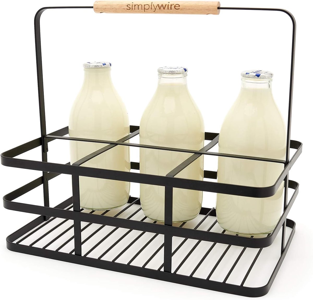 SnelShoppen - Retro Melkfles Houder voor Zes Flessen - Zwart Staal Draad - Flessen Carrier voor Melk, Wijn, Sap - Ruimtebesparend en Stijlvol voor Keu