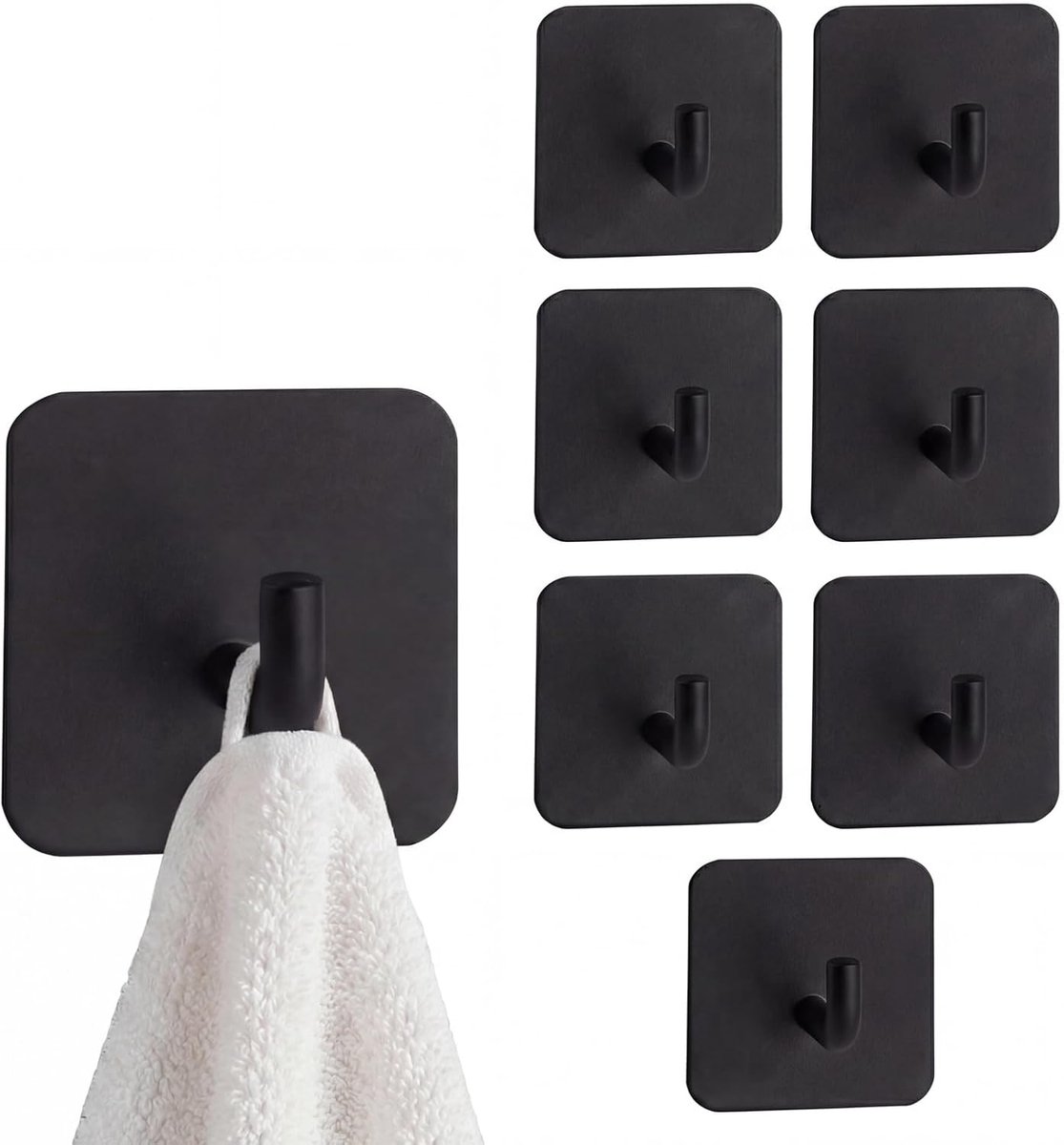 SnelShoppen - 8 Stuks Zelfklevende Haken - Zwart, Sterke RVS Wandhaken voor Sleutels, Jassen, Keukenhanddoeken - Ideaal voor Badkamer en Keuken