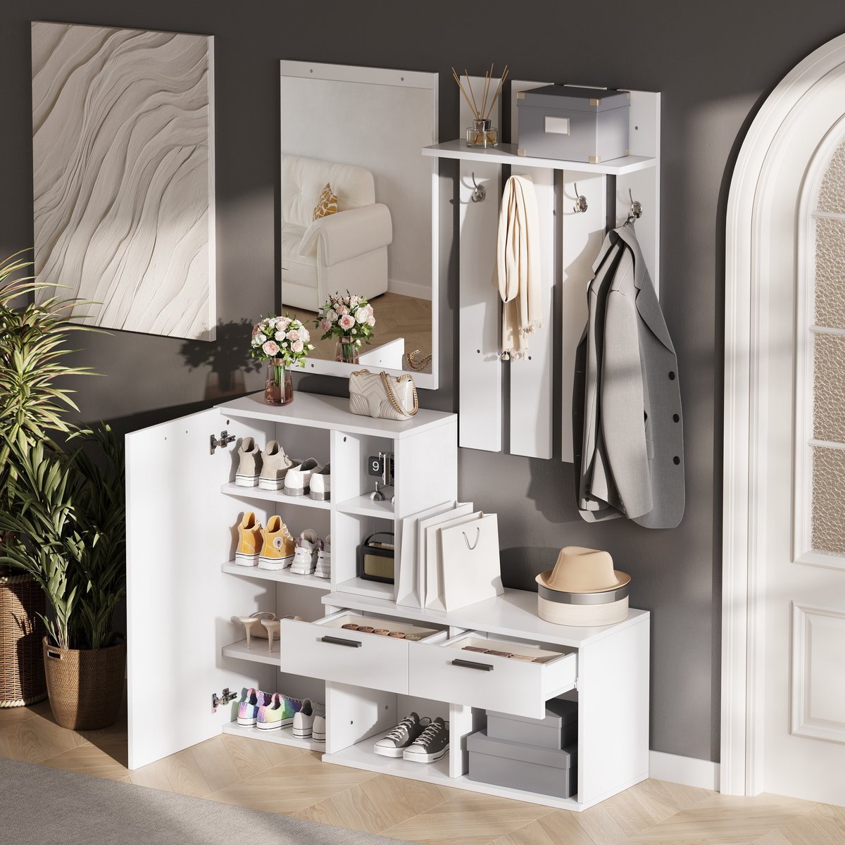 HAUSS SPOLE Schoenenkast - Garderobe Met Spiegel En 2 Lades - Opberger Voor Hal En Entree - MDF - 120x35x175,5 Cm - Wit