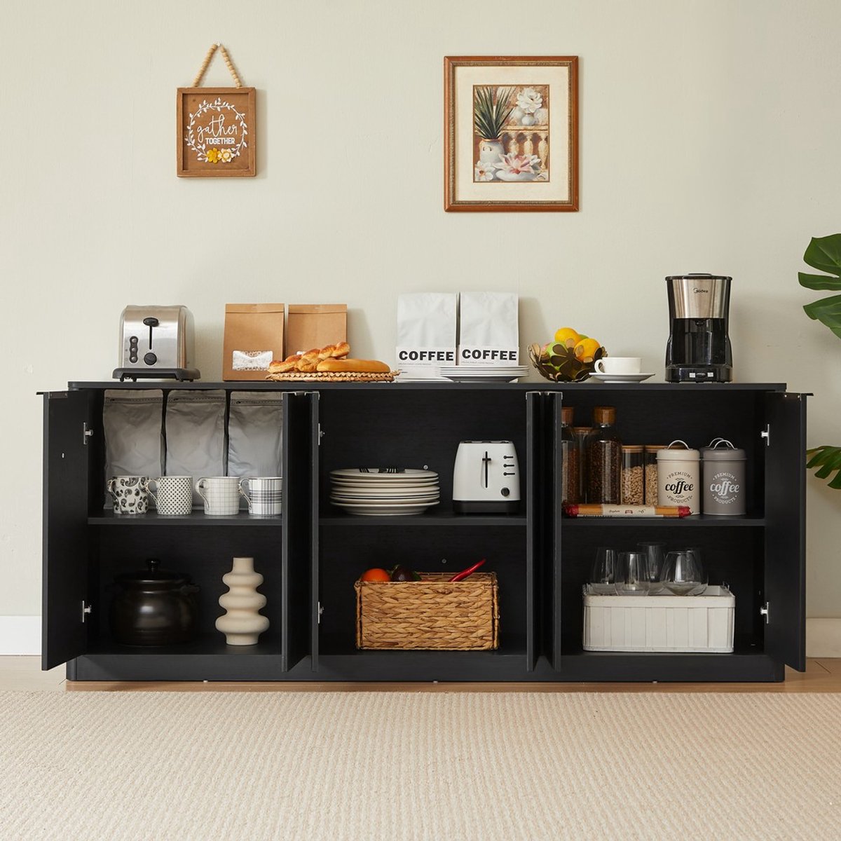 Pugsdrly 170 cm modern dressoir met golvende vorm, opbergkast met gebogen contourontwerp, kast met 6 deuren en opbergfunctie, geschikt voor keuken/slaapkamer/woonkamer, zwart, 170 × 40 × 70,5 cm