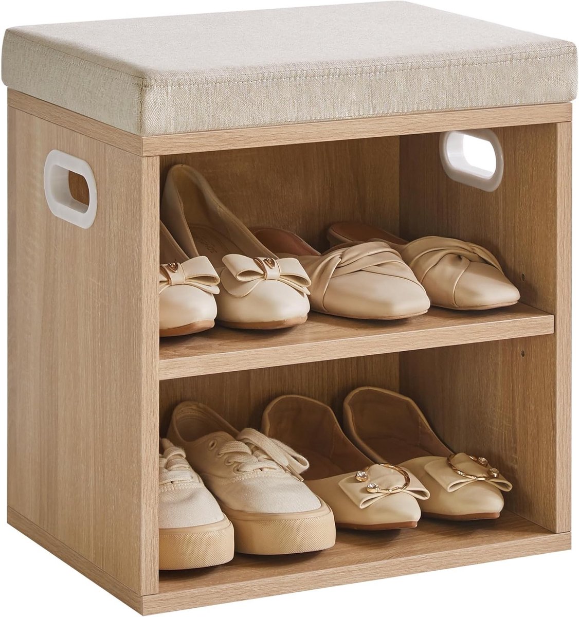 Schoenenopbergbank met Kussen, 2-laagse Schoenrek voor Entree, Woonkamer en Hal, Compact en Stijlvol, 15.4L x 11W x 16.54H, Licht Natuurlijk HBD028R
