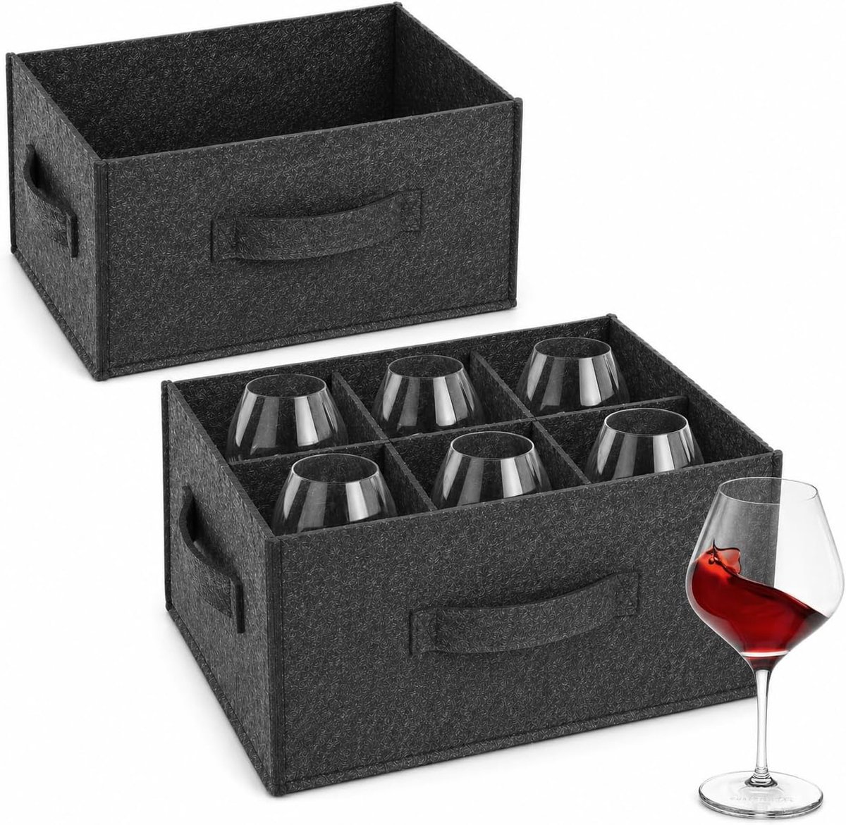 SnelShoppen - Vilten Glazenhouder voor Rode Wijnglazen, 6 Stuks, Donkergrijs, Ideaal voor Camping, Caravan, Vanlife, Robuust Vilt, Handgrepen voor Vei