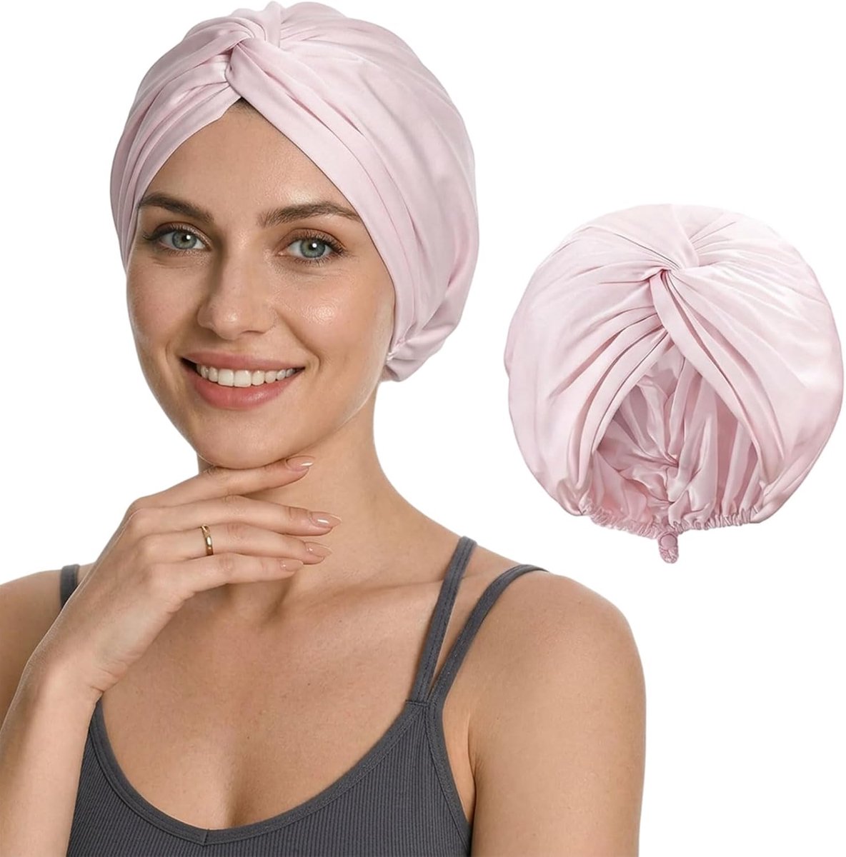 SnelShoppen - Satin Verstelbare Zijden Slaapcap voor Vrouwen en Mannen, Dubbel Laags Hoed voor Krullend Gevlochten Natuurlijke Haar (Roze)