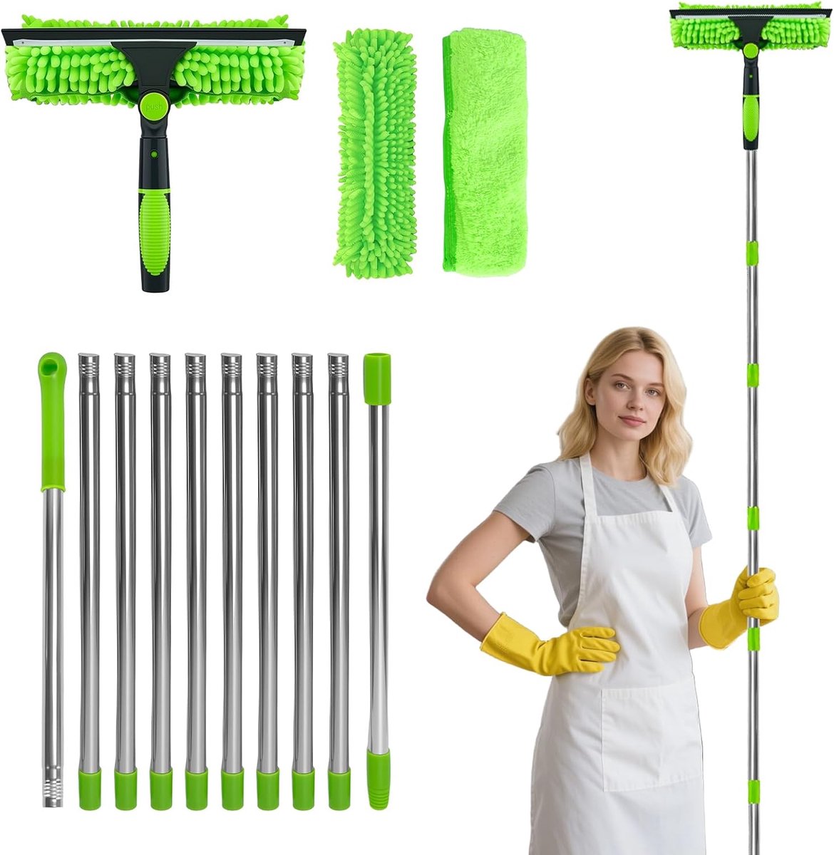 SnelShoppen - 4.3 m Telescopische Raamwisser en Duster 2-in-1, Microfiber Schoonmaakset voor Hoge Ramen en Moeilijk Bereikbare Oppervlakken, Binnen en