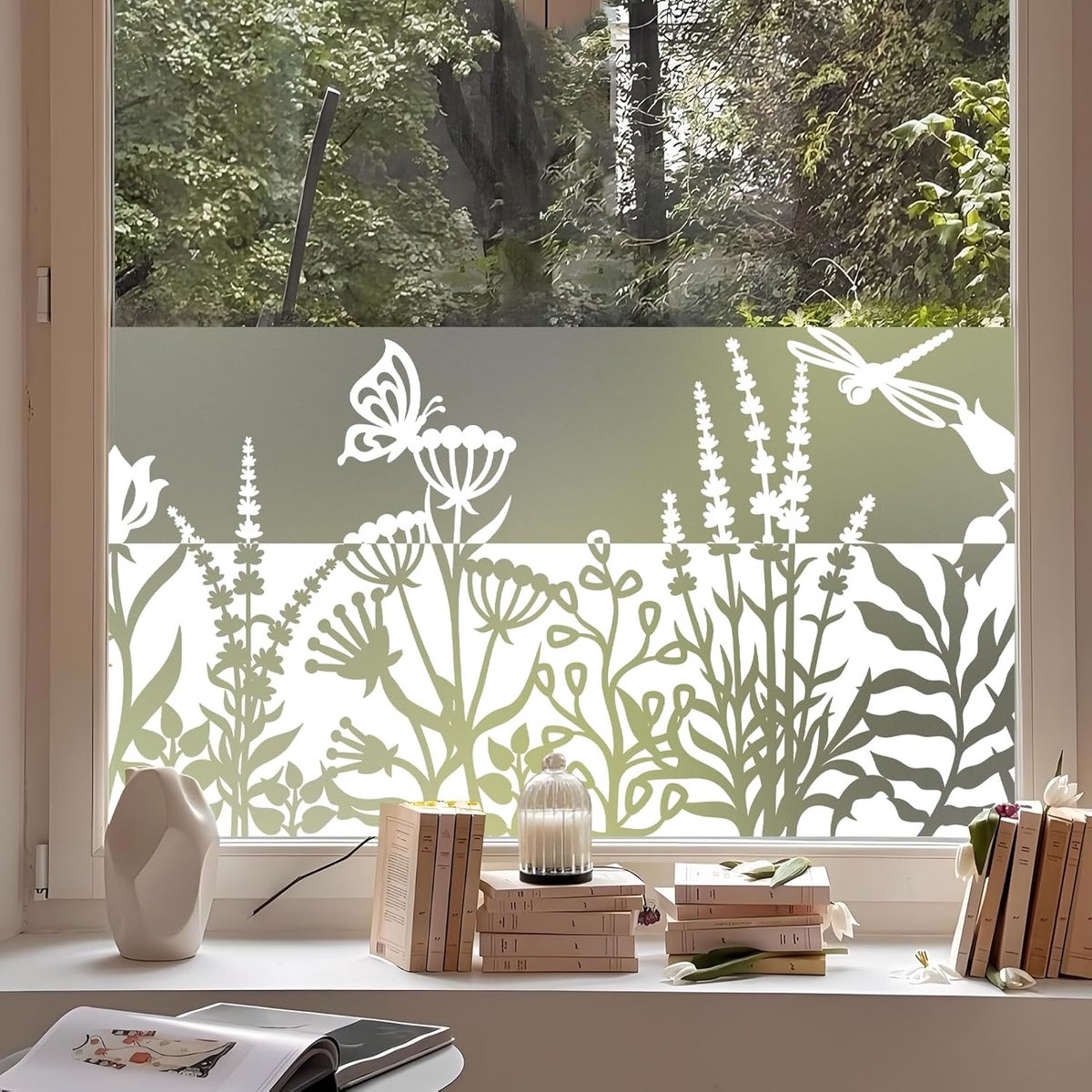 SnelShoppen - Ondoorzichtige Raamfolie met Wit Hol Plantenpatroon - Decoratieve Privacyfolie voor Thuis, Keuken, Kantoor - 44,5 x 200 cm