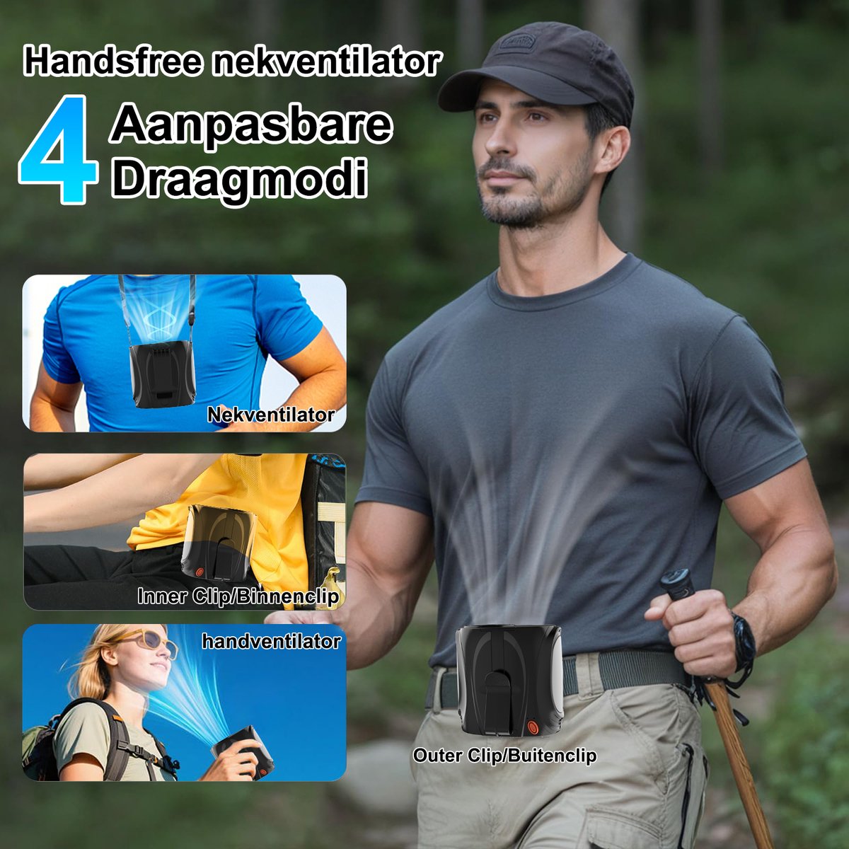 Svintora NekVentilator Multifunctionele - 6000 mAh Handventilator Mini Ventilator - Draagbare Oplaadbaar Tailleventilator Met koeling - 6 Standen Clipventilator voor de taille - Zwarta