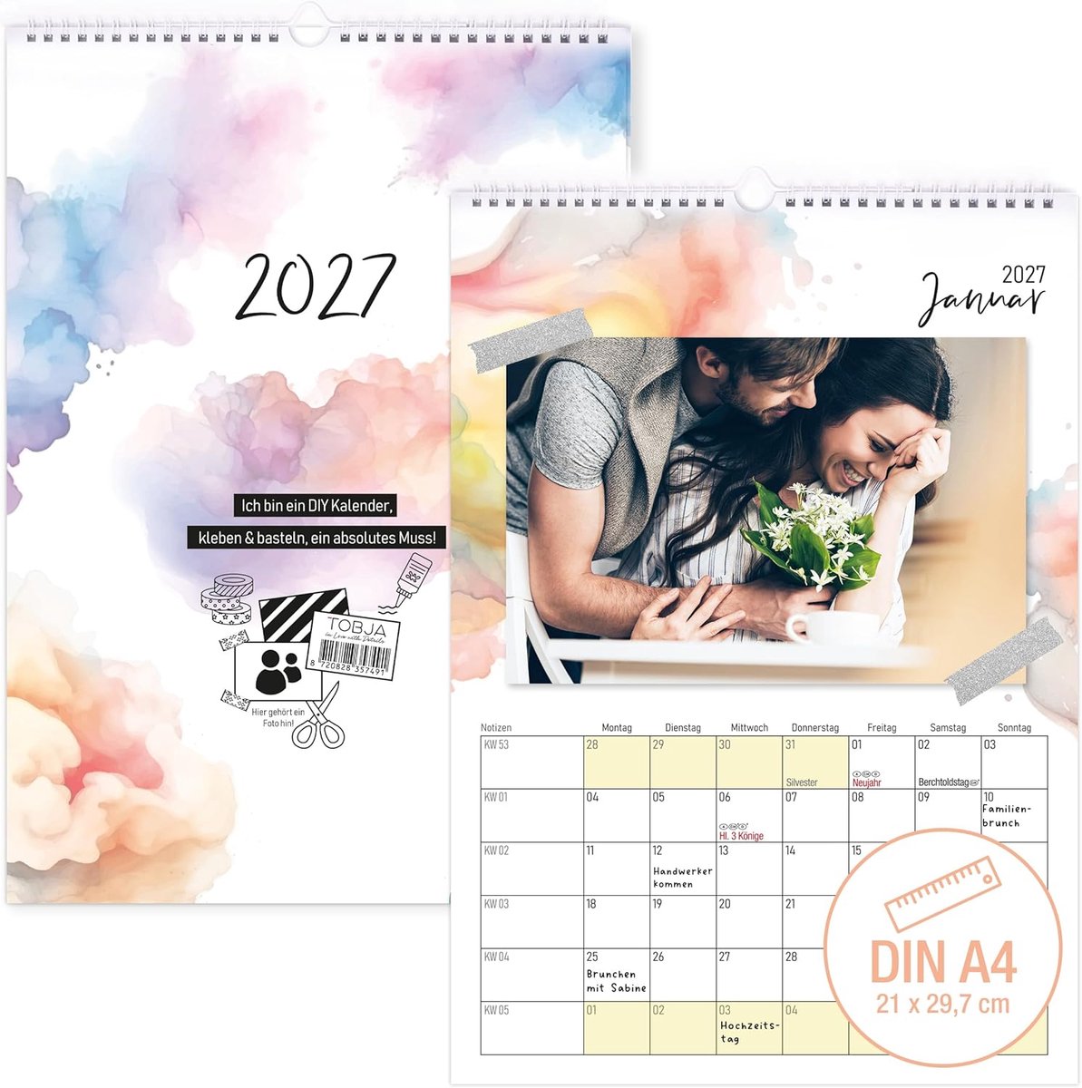 SnelShoppen - DIY Foto Kalender 2025 A4 - Creatieve Waterverf Ontwerpen - Persoonlijke Herinneringen - Desk & Wand Kalender met Feestdagen