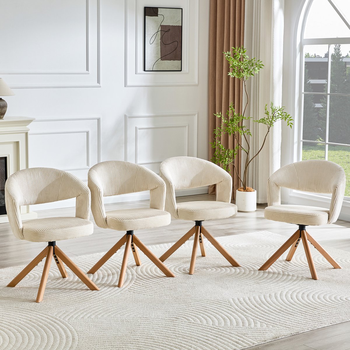 COVREO Eetkamerstoel set van 2 81,5 cm - draaibaar, ribstof, armleuning, crèmewit